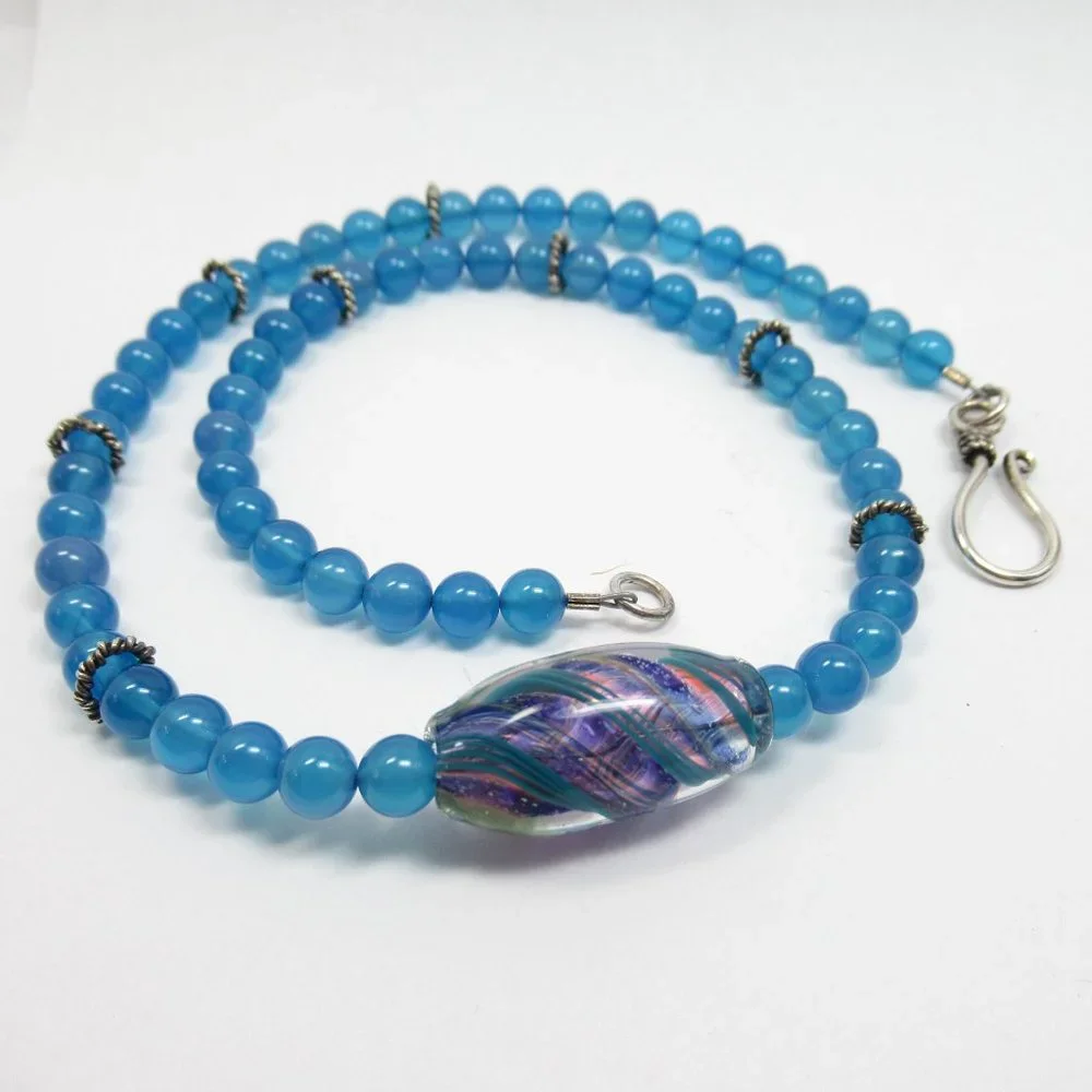 Blue Quartz Stone Necklace With Glass Bead